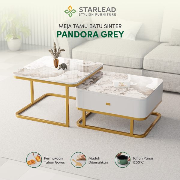 STARLEAD Meja Tamu Persegi 2 Tingkat Sintered Stone Pandora Grey - Image 1