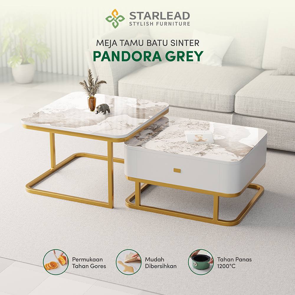 STARLEAD Meja Tamu Persegi 2 Tingkat Sintered Stone Pandora Grey