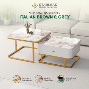 STARLEAD Meja Tamu Persegi 2 Tingkat Sintered Stone Pandora Grey (Italian Grey)