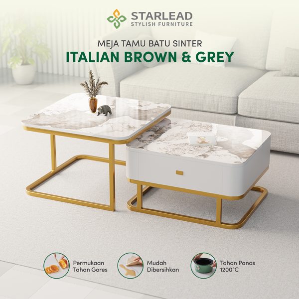 STARLEAD Meja Tamu Persegi 2 Tingkat Sintered Stone Pandora Grey (Italian Grey) - Image 1