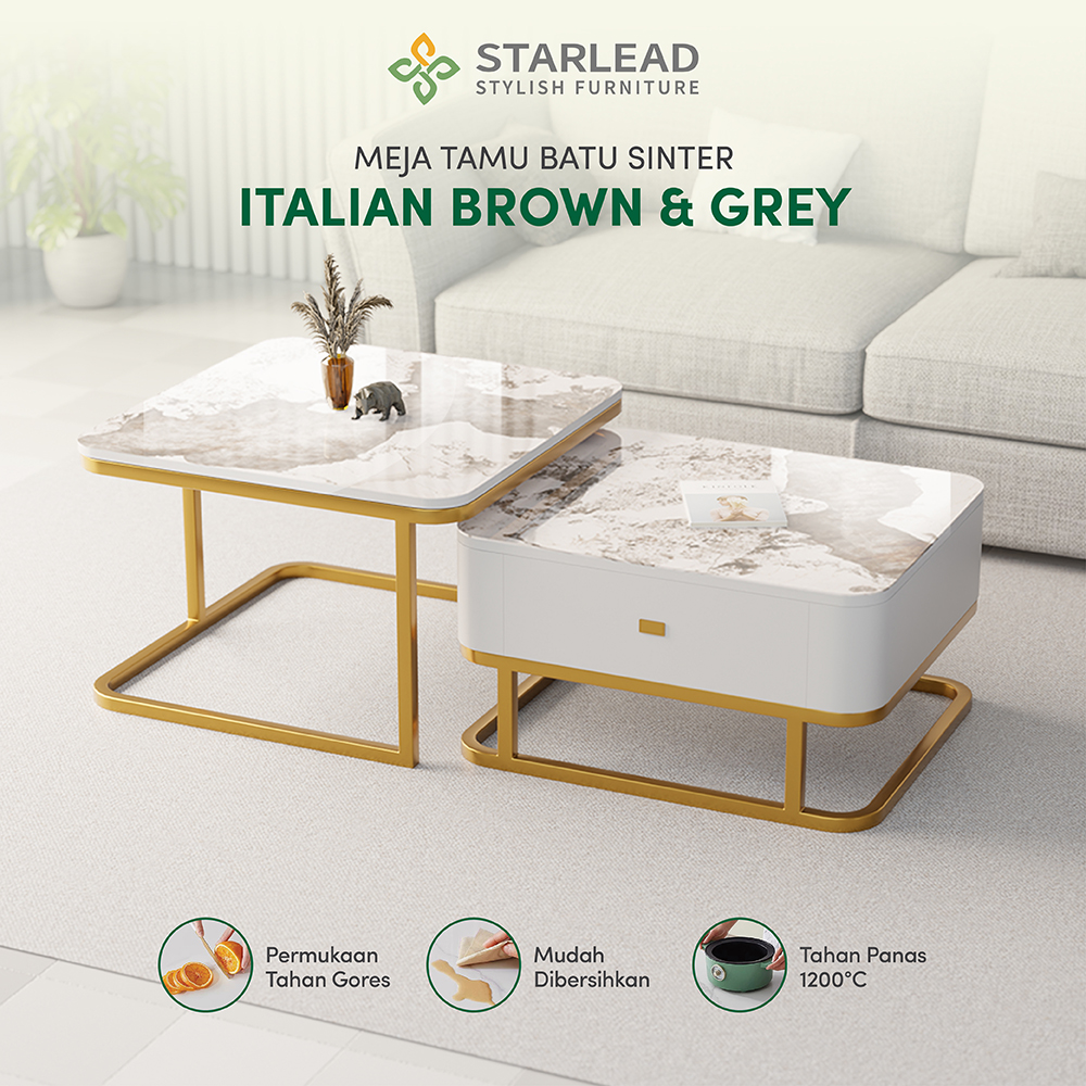 STARLEAD Meja Tamu Persegi 2 Tingkat Sintered Stone Pandora Grey (Italian Grey)
