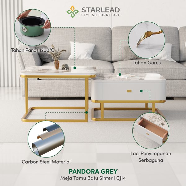 STARLEAD Meja Tamu Persegi 2 Tingkat Sintered Stone Pandora Grey - Image 7