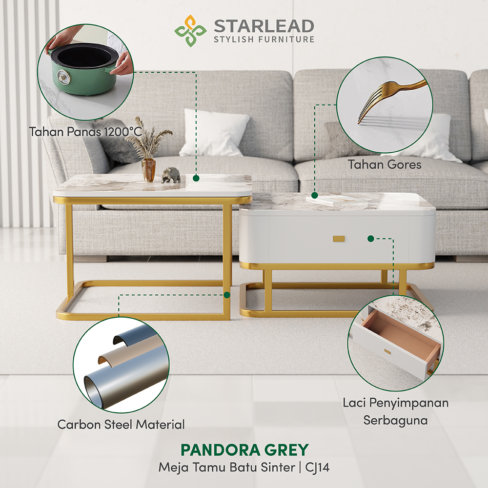 STARLEAD Meja Tamu Persegi 2 Tingkat Sintered Stone Pandora Grey