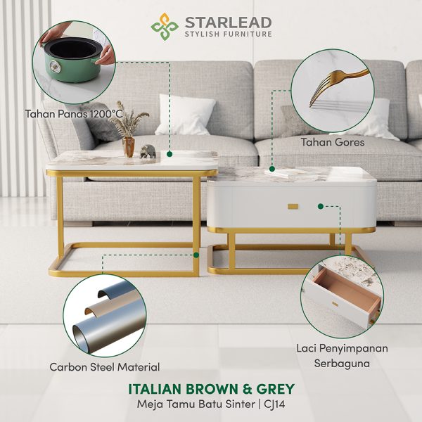 STARLEAD Meja Tamu Persegi 2 Tingkat Sintered Stone Pandora Grey (Italian Grey) - Image 7