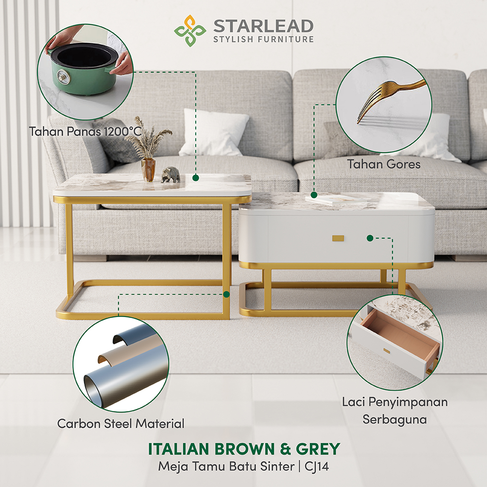 STARLEAD Meja Tamu Persegi 2 Tingkat Sintered Stone Pandora Grey (Italian Grey)