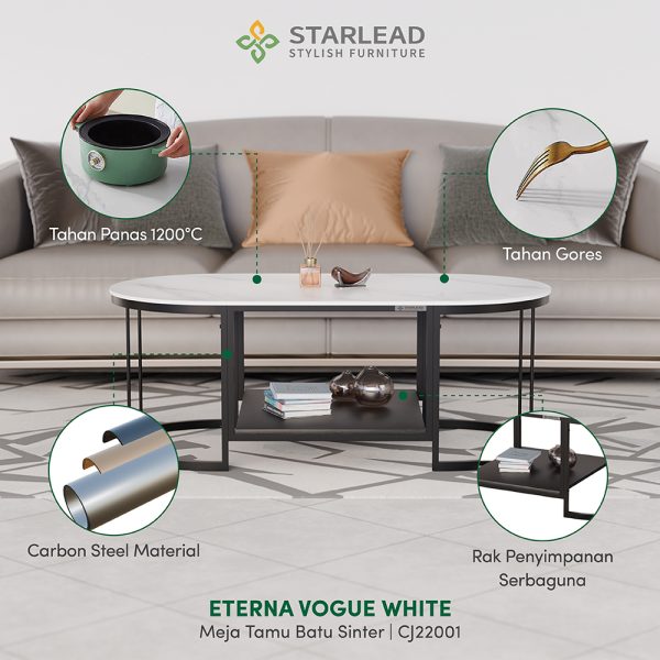 STARLEAD Meja Tamu Sintered Stone - Eterna Vogue White - Image 6