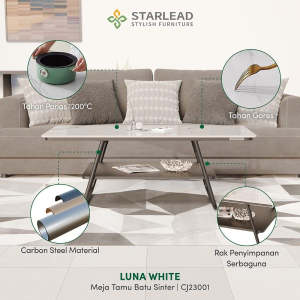 STARLEAD Meja Tamu Sintered Stone - Luna White - Image 6