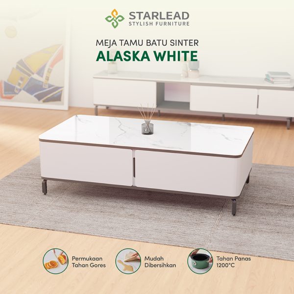STARLEAD Meja Tamu Sintered Stone - Alaska White - Image 1