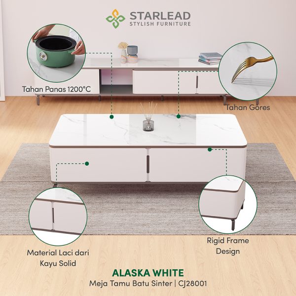 STARLEAD Meja Tamu Sintered Stone - Alaska White - Image 5