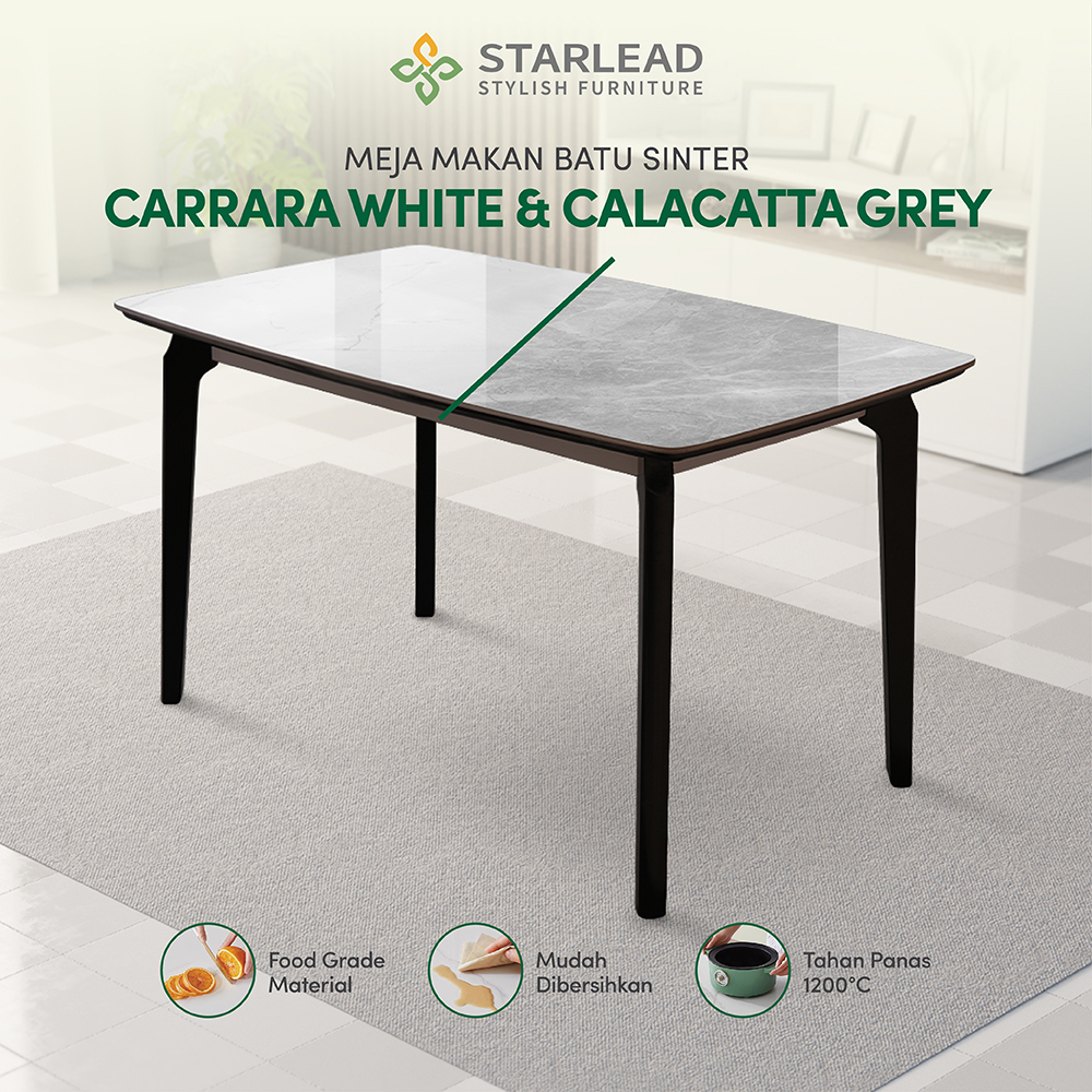 STARLEAD Meja Makan Sintered Stone – Carrara White & Calacatta Grey