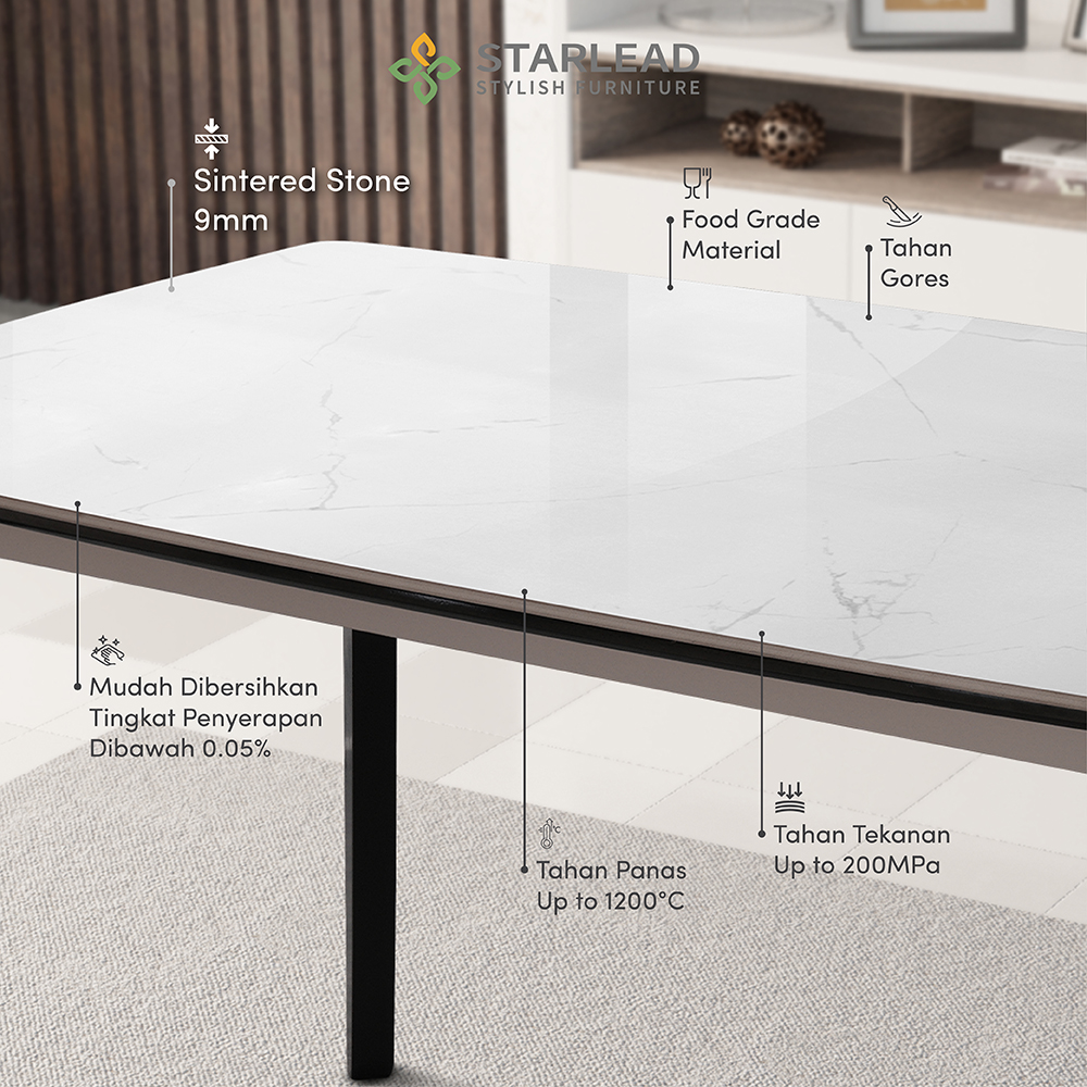 STARLEAD Meja Makan Sintered Stone – Carrara White & Calacatta Grey