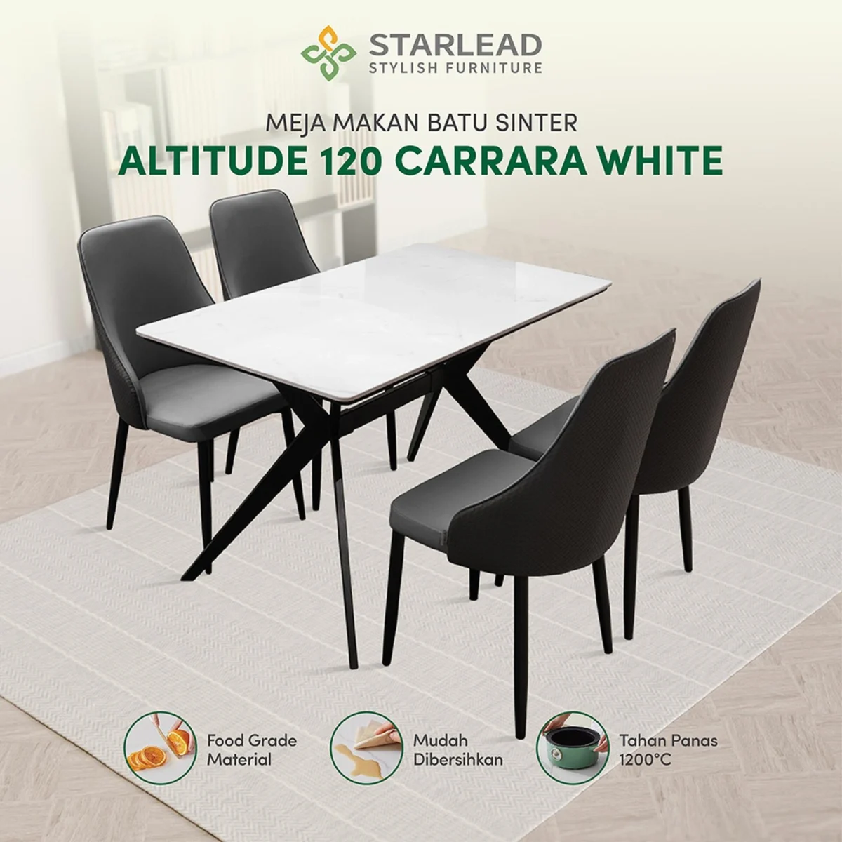 STARLEAD Meja Makan Sintered Stone – Altitude 120 Carrara White & Calacatta Grey