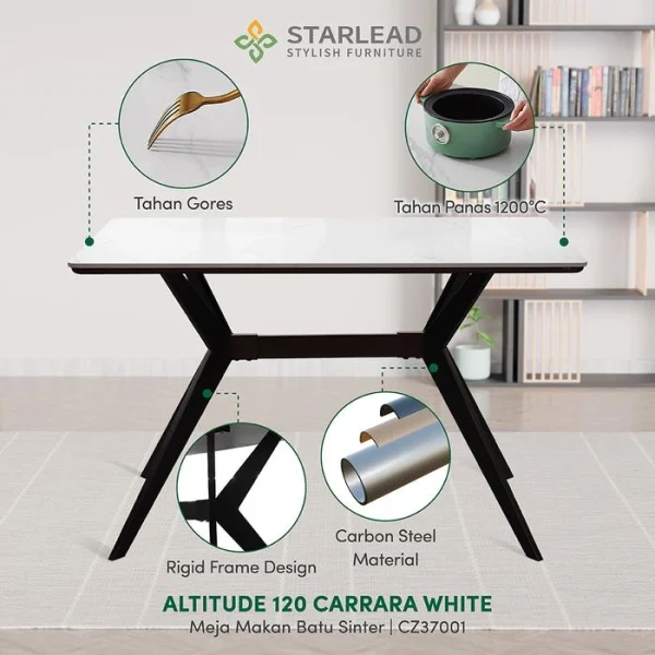 STARLEAD Meja Makan Sintered Stone – Altitude 120 Carrara White & Calacatta Grey - Image 2