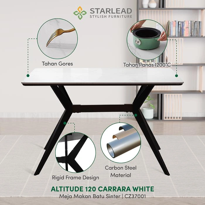 STARLEAD Meja Makan Sintered Stone – Altitude 120 Carrara White & Calacatta Grey