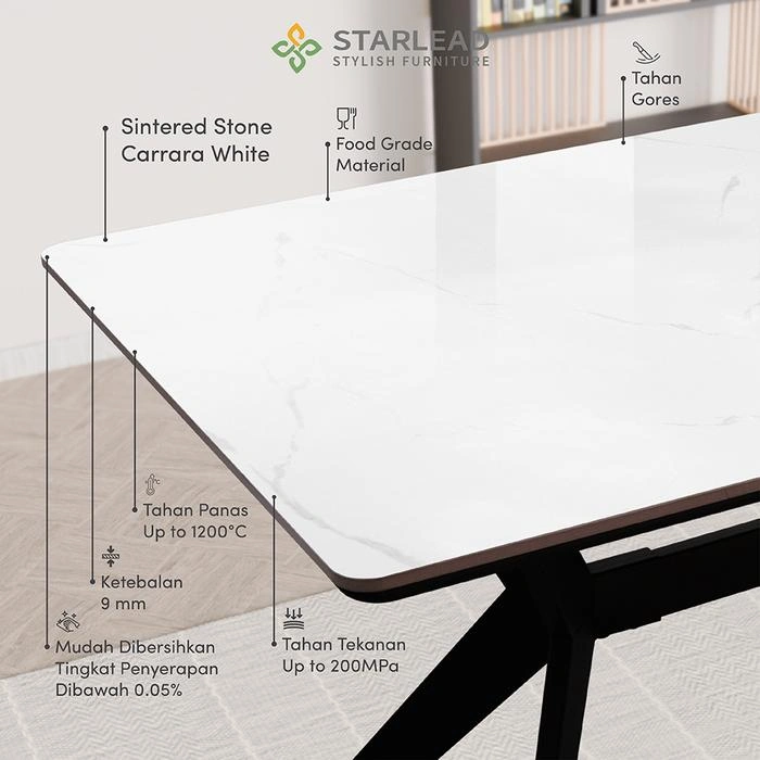 STARLEAD Meja Makan Sintered Stone – Altitude 120 Carrara White & Calacatta Grey