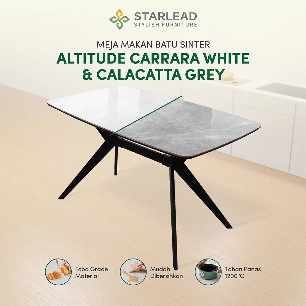 STARLEAD Meja Makan Sintered Stone – Altitude Carrara White & Calacatta Grey