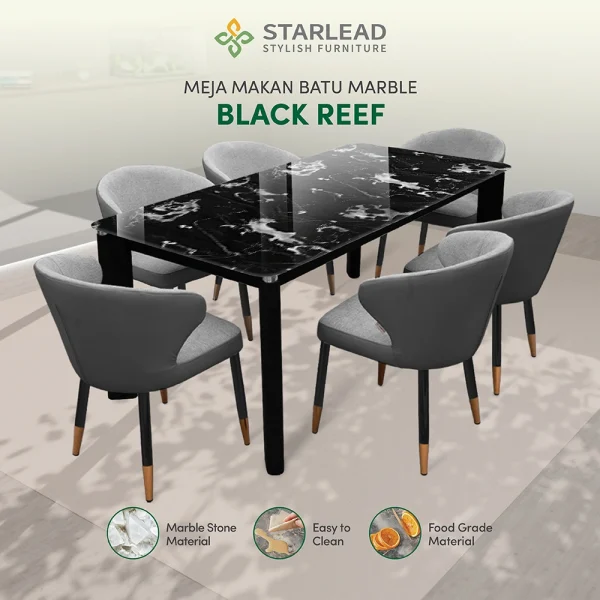 STARLEAD Meja Makan Marble Stone – Black Reef - Image 1