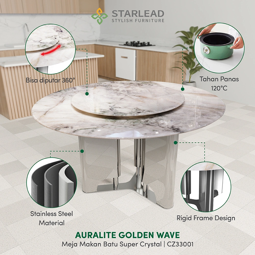 STARLEAD Meja Makan Super Crystal Stone – Auralite Golden Wave