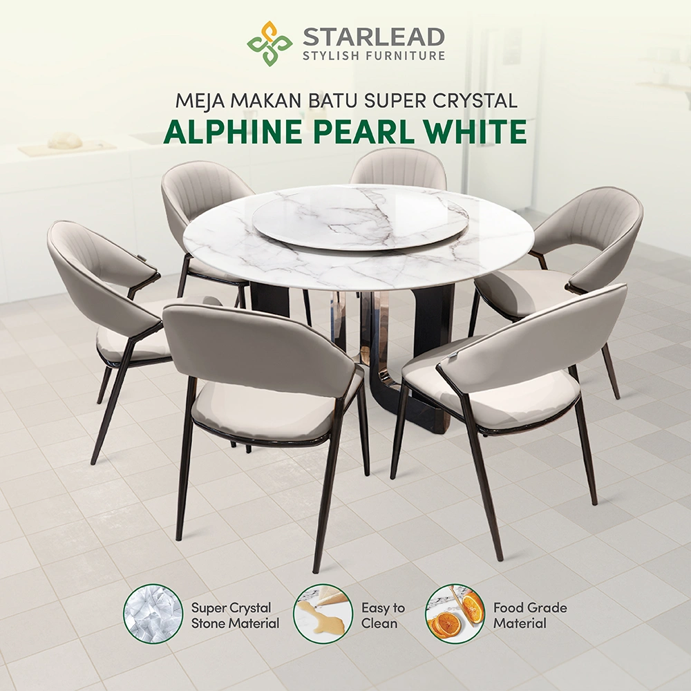 STARLEAD Meja Makan Super Crystal Stone – Alphine Pearl White