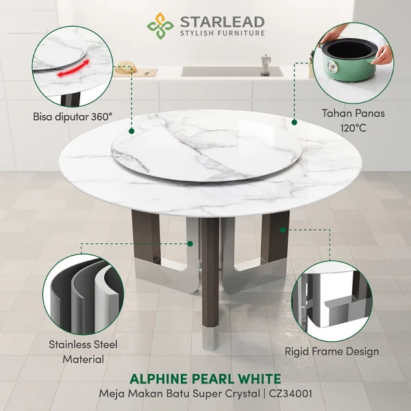 STARLEAD Meja Makan Super Crystal Stone – Alphine Pearl White - Image 2
