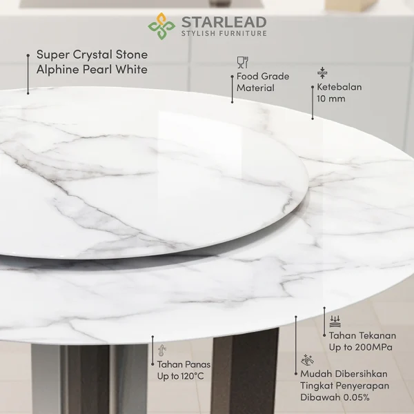 STARLEAD Meja Makan Super Crystal Stone – Alphine Pearl White - Image 4