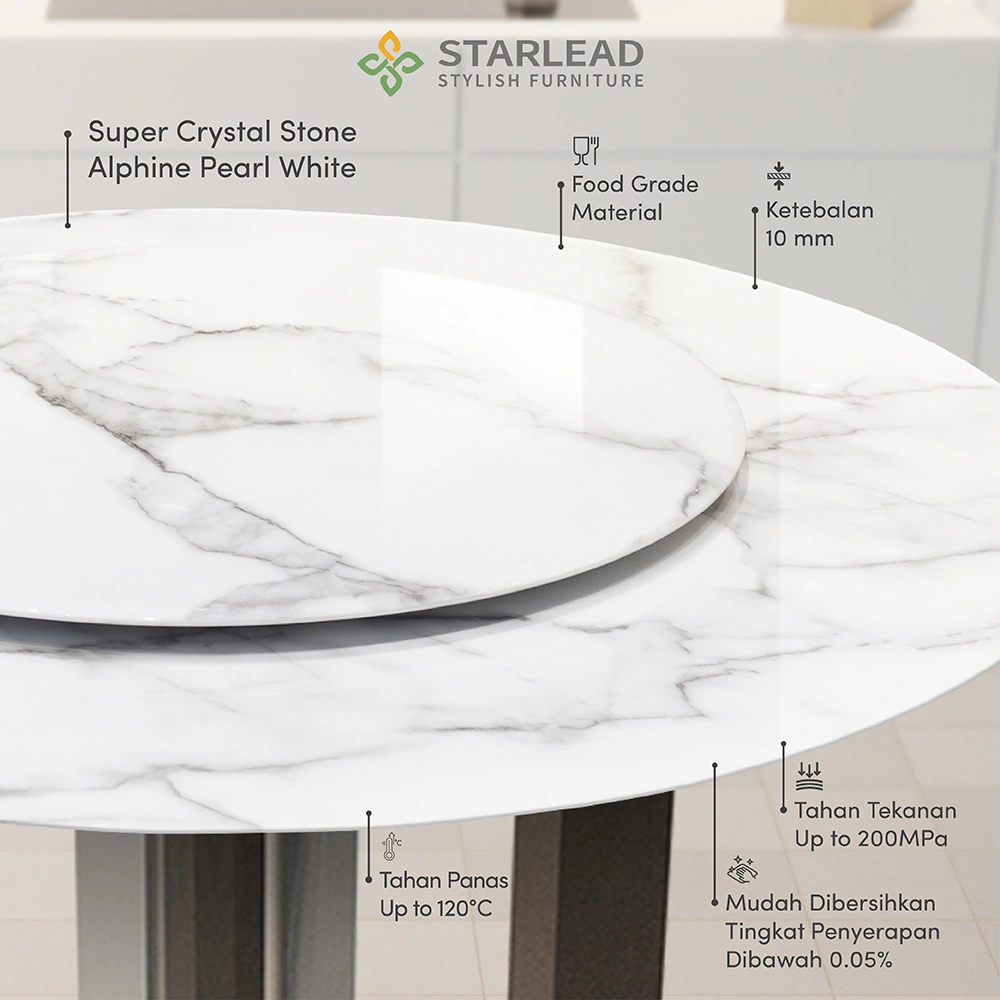 STARLEAD Meja Makan Super Crystal Stone – Alphine Pearl White