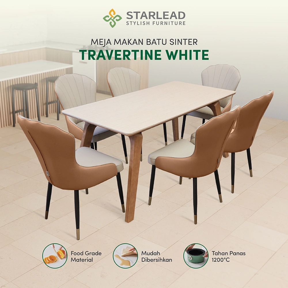 STARLEAD Meja Makan Sintered Stone – Travertine White