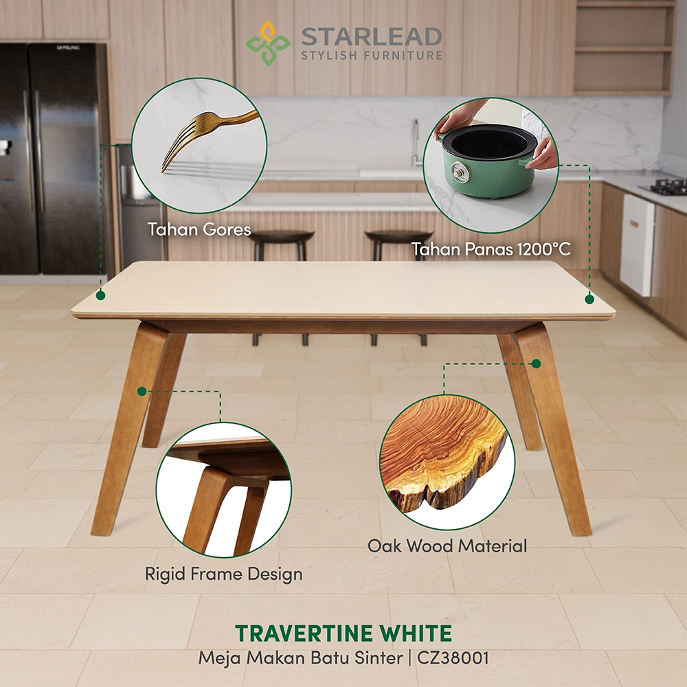 STARLEAD Meja Makan Sintered Stone – Travertine White