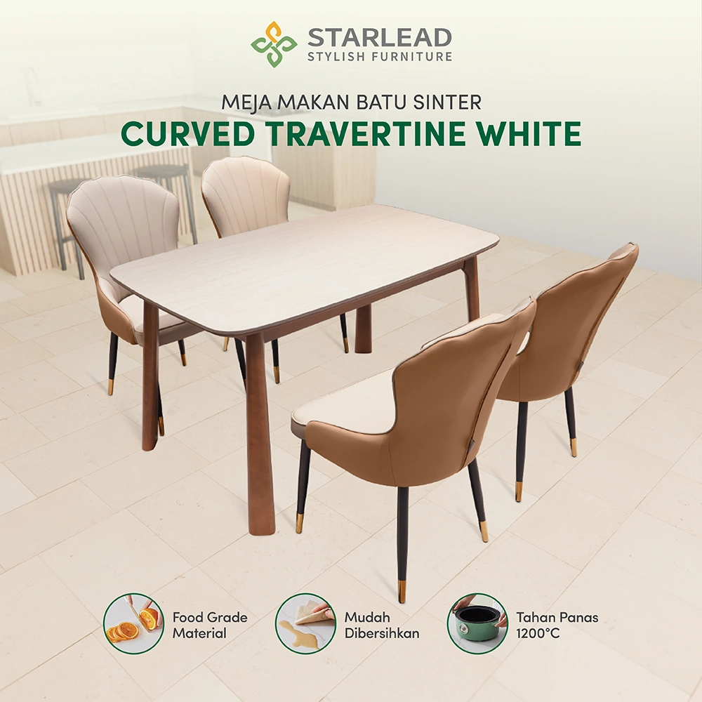 STARLEAD Meja Makan Sintered Stone – Curved Travertine White