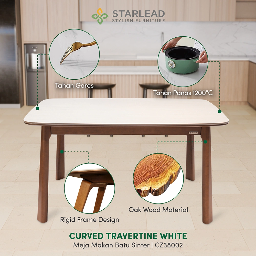 STARLEAD Meja Makan Sintered Stone – Curved Travertine White