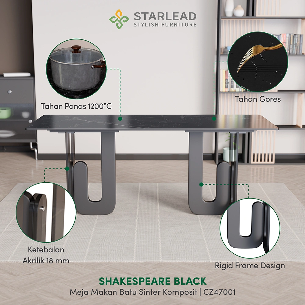 STARLEAD Meja Makan Composite Sintered Stone – Shakespeare Black