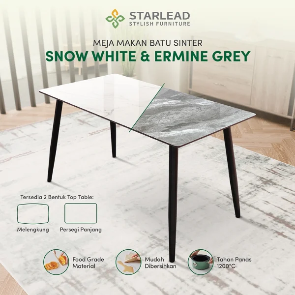 STARLEAD Meja Makan Sintered Stone – Snow White & Ermine Gray - Image 1