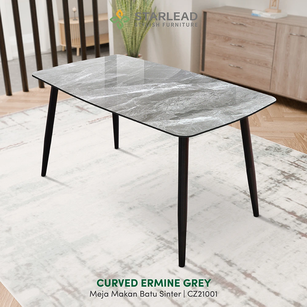 STARLEAD Meja Makan Sintered Stone – Curved Snow White & Ermine Gray