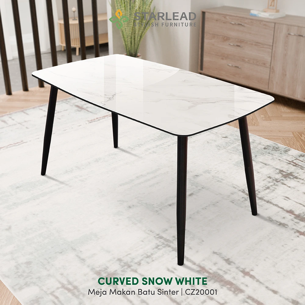 STARLEAD Meja Makan Sintered Stone – Curved Snow White & Ermine Gray